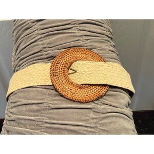 Women's Woven Beige Elastic Straw Belt With Round Rattan Buckle - Adjustable